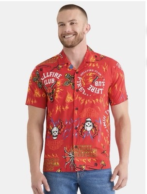 Stranger Things Men's Hellfire Button-Up Short Sleeves Size L NWT (E) NEW