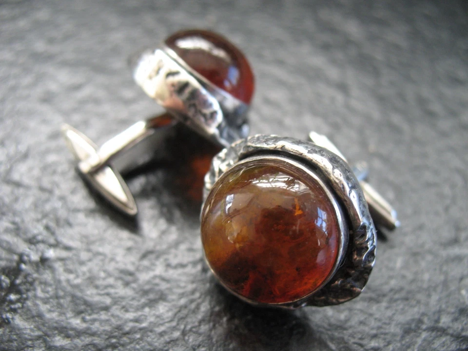 Manschettenknöpfe Silber 835 Vintage Design von ca. 1965 mit Bernstein  - Bild 2 von 4