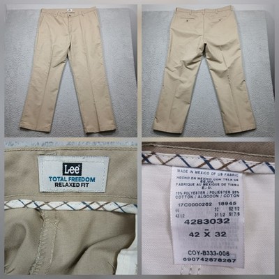 Lee Total Freedom Khaki Pants Men's 42x32 Beige Relaxed Fit Flat Front