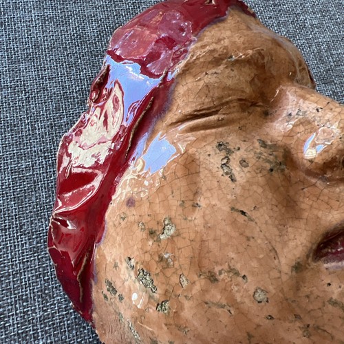 Lady in Red Life Mask Ceramic Wall Art Face Sculpture 8" – Pit-Fired Clay - Picture 4 of 12