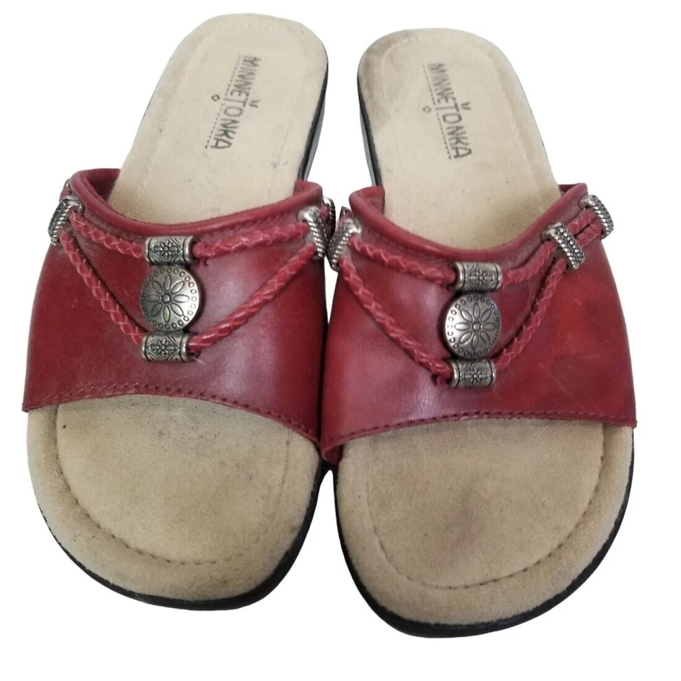 Sandálias femininas Minnetonka sandálias deslizantes 6 sandálias de couro vermelho salto baixo  - Imagem 2 de 4