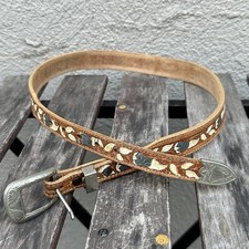Vintage 70s Leather Tooled Boho Hippie Belt Womens size S Sterling Silver Buckle