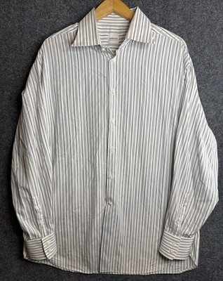 Armani Collezioni Shirt Button up Long Sleeve White Black Stripes Size L 44 17.5