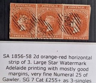 1856 South Australia Strip 3x2d Oge red Imp S/face stamps Adelaide print usd£255