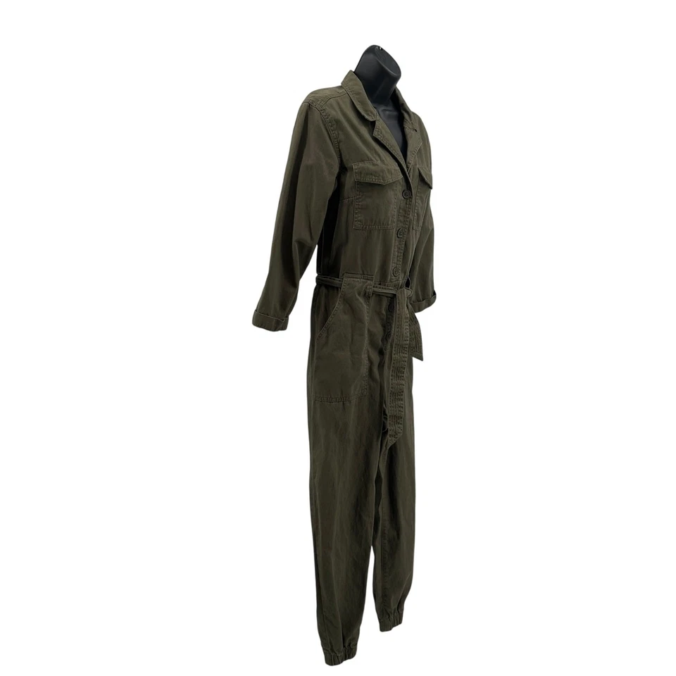 Mono de sarga H&M para mujer talla 6 verde manga 3/4 botón delantero con cinturón Foto 3 de 4