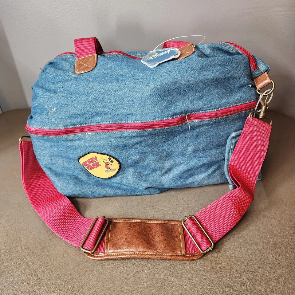 Bolso de Lona Vintage Disney Mickey Mouse Azul Denim Rojo Correa Parche Viaje Años 90 Foto 2 de 4