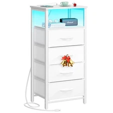 Night Stand - LED White Nightstand with Charging Station, Bedside Table with ...