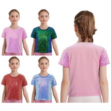 Kids Girls Tee Dancewear Top Jazz T-shirt Stage Performance Round Neck Birthday