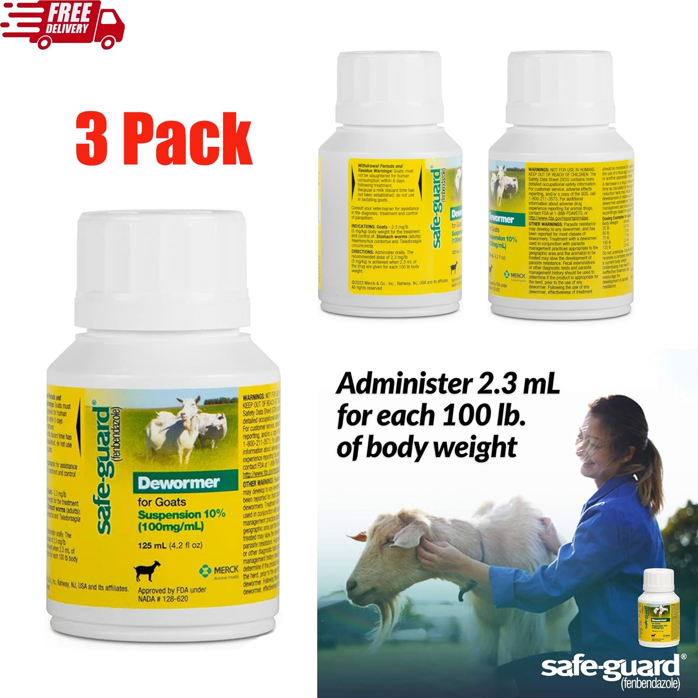 Merck Safe-Guard Goat Dewormer, 125mL fenbendazole  （3 Pack）