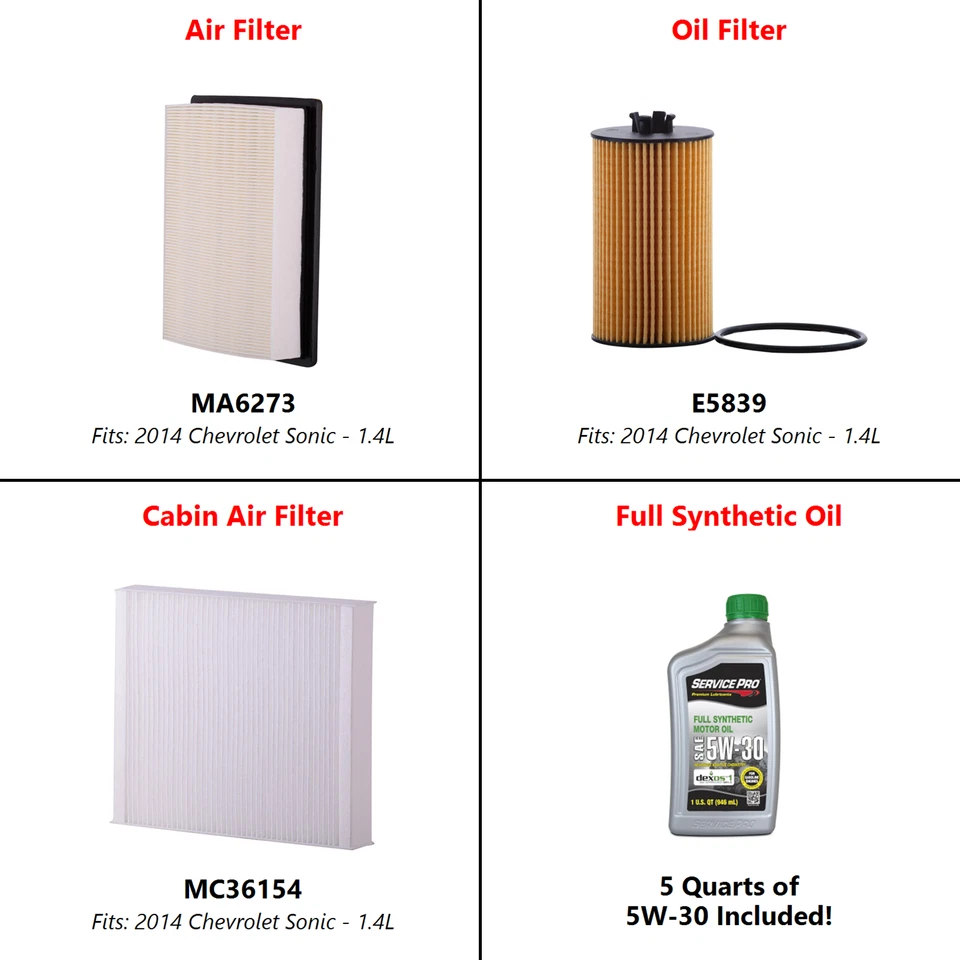 2014 Chevrolet Sonic 1.4L Complete Oil, Air & Cabin Filter Kit (5W-30) Foto 2 de 4