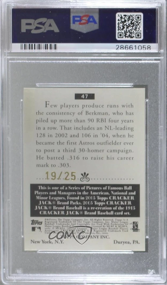 2005 Topps Cracker Jack Mini Grey /25 Lance Berkman #47 PSA 10 GEM MT - Image 2 of 2