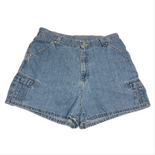 Vintage Lee Riveted Denim Jean Cargo Shorts Women  s Sz 14 P Medium Wash USA Made