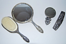 Antique Art Nouveau Silver Plated Vanity Set of 4 Pocket Mirror Hair Brush Comb