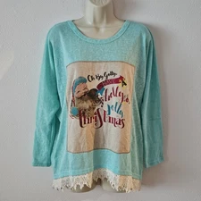 Southern Grace Santa Blue Top Sz M-L 'Holly Jolly Christmas' Crochet Trim
