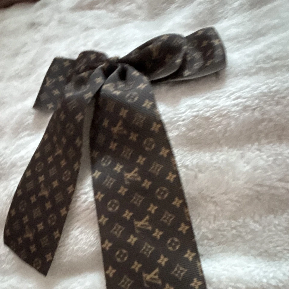 Women’s Brown Monogram Ribbon Bow Hair Clip with Metal Clasp, Designer Theme - Image 3 of 4