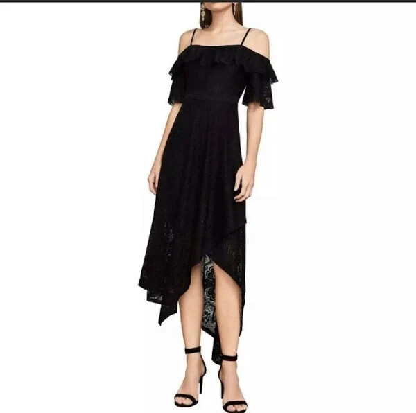 bcbg black off the shoulder dress Asymmetrical Off Shoulder Dress