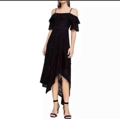 NWT BCBGMaxAzria Off The Shoulder Black Lace Asymmetrical Hem Midi Dress  XXS | eBay