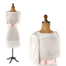 Vintage 80s Semi Sheer White Pastel Pink Pinstripe Puff Sleeve Preppy Dress S