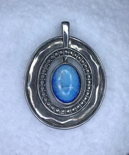 Silver Tone Large Blue Pendant Magnetic Hinge Clasp Statement Pendant Medieval