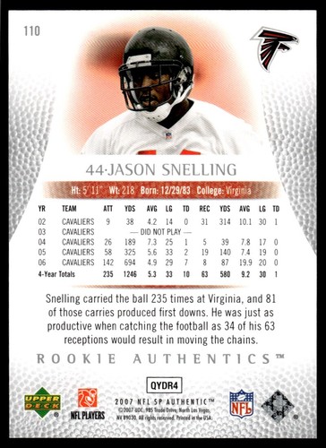 2007 SP Authentic Jason Snelling Rookie 0356/1399 Atlanta Falcons #110 R91 - Picture 2 of 2