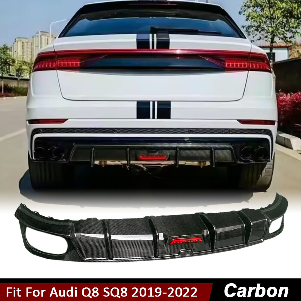 For Audi Q8 Sport SQ8 2019-22 Real Carbon Rear Bumper Diffuser Lip Spoiler W/LED