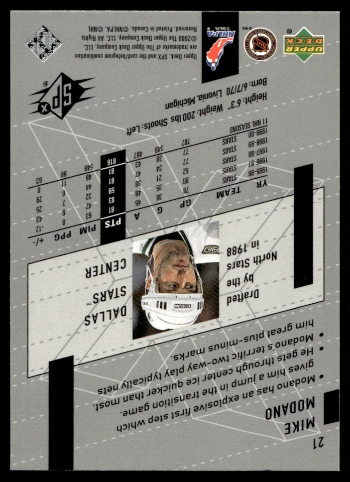 2000-01 SPx Mike Modano Dallas Stars #21 - Image 2 of 2