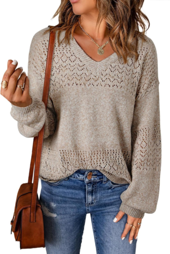 Womens Sweaters Casual Long Sleeve V Neck Lightweight Crochet Pullover Sweater T