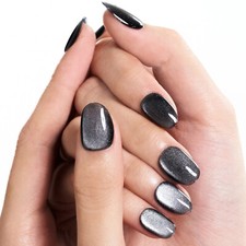 SHORT OVAL BLACK CAT EYE Full Cover 24 Nail Tips Press On Glue Set 