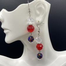 Christmas Holiday Earrings Rhinestone 2.5" Long Total Handmade Multicolor Red