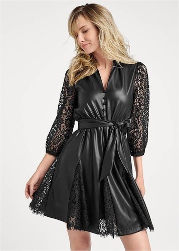 Venus Dress Size 20 Faux Leather and Lace 3/4 Sleeve V Neckline Black NO BELT - Picture 13 of 13