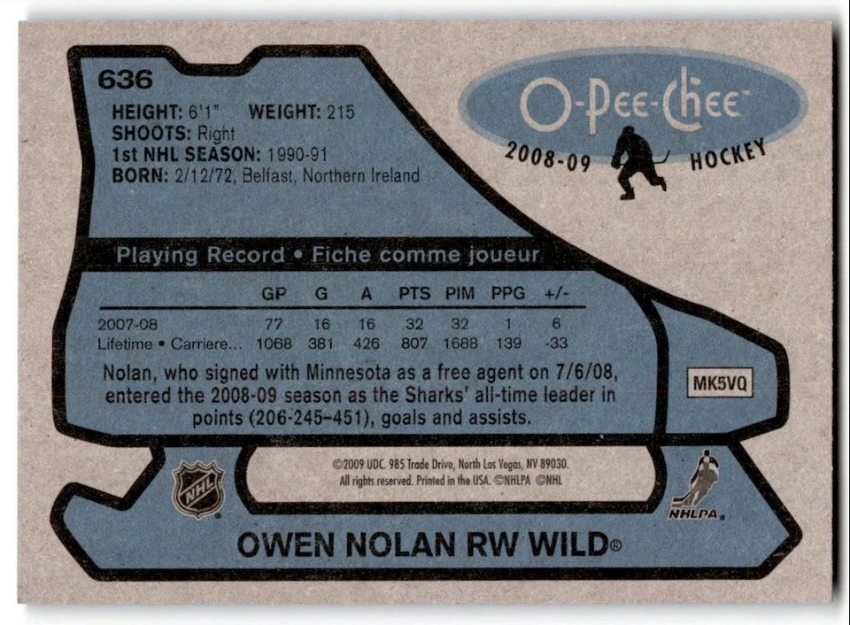 2008-09 O-Pee-Chee '79-80 Retro Owen Nolan #636 Minnesota Wild - Image 2 of 2