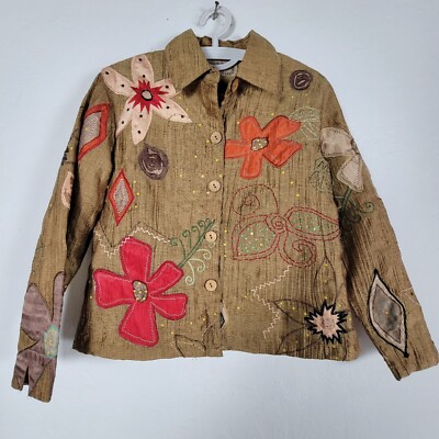 Life Style Petite Womens Floral Embroidered Button-Front Jacket PS Brown Artsy