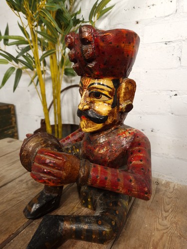 Old Vintage Indian Polychrome Hand Carved Wooden Musician Statue Sculpture - Picture 4 of 9