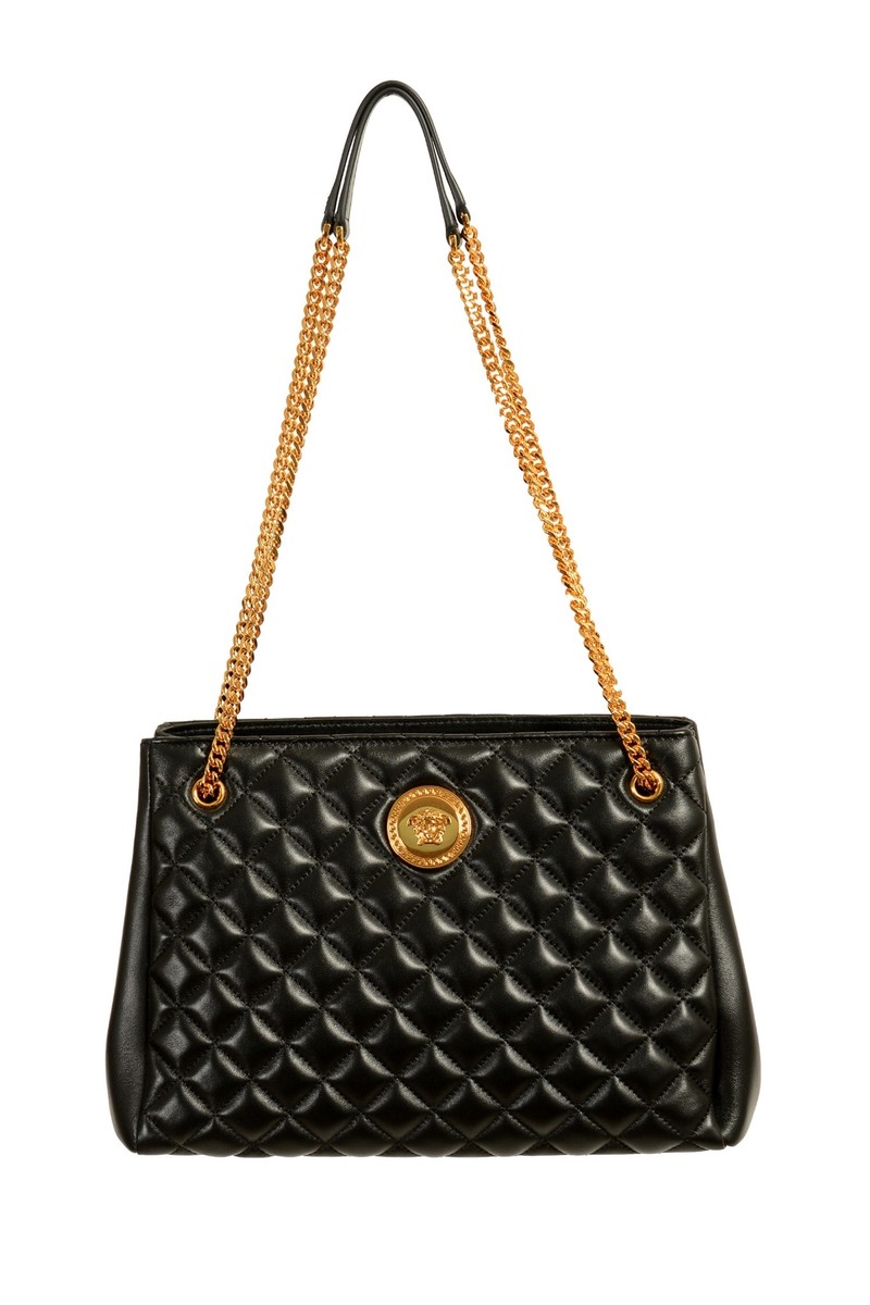 VERSACE★素敵!QUILTED LEATHER GOLD MEDUSA SHOULDER BAG Versace Women's Black Leather Gold Medusa Quilted Tote