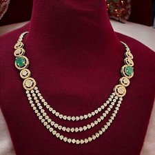 10.60 TCW Round Brilliant Diamonds Emerald Three-Strand Tennis Necklace 14K Gold