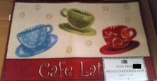 PRINTED NYLON RUG 17"x28" 3 COFFEE CUPS, CAFE LATTE, red, green, blue, rec, BH