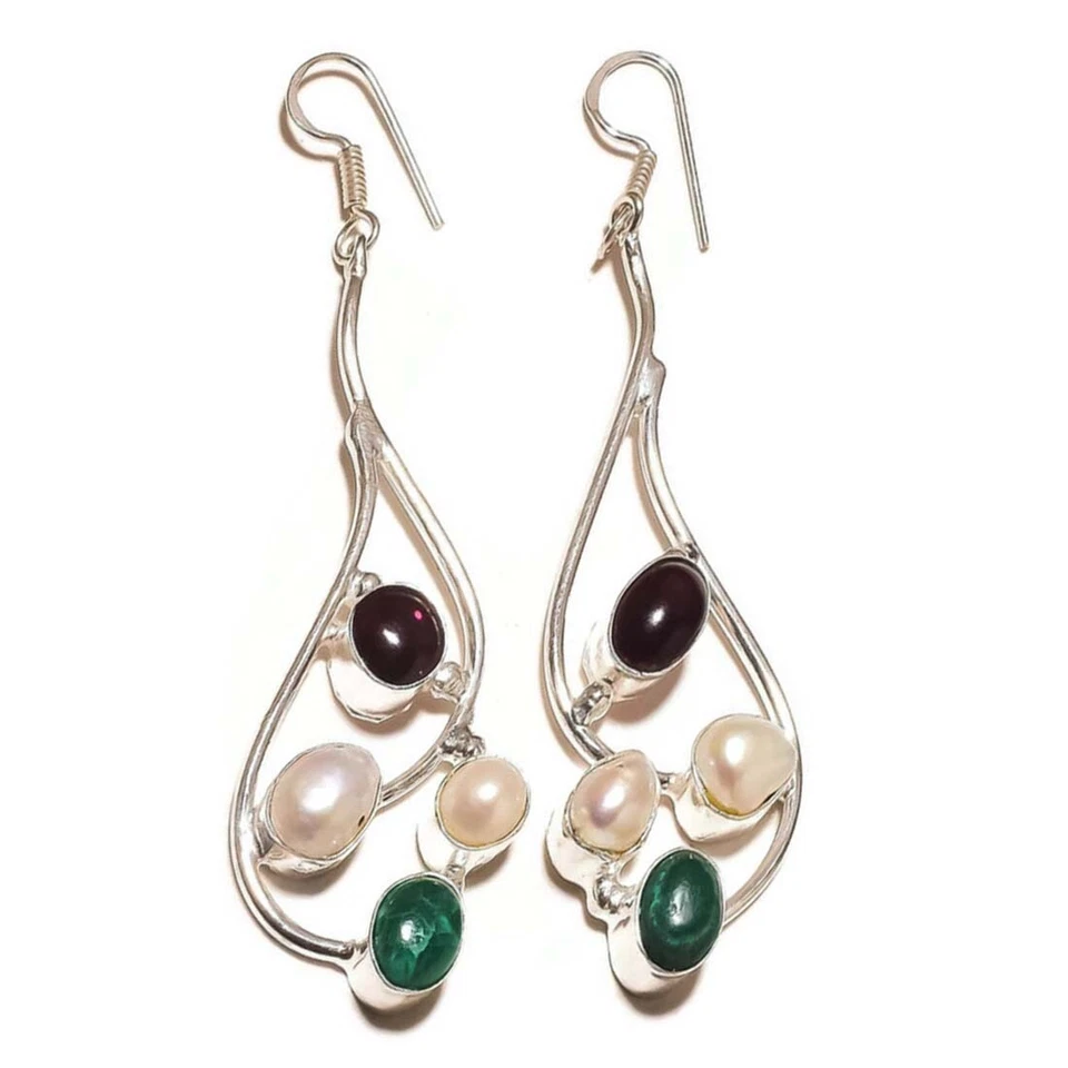 Висячие серьги ручной работы с голубым аметистом, малахитом, жемчугом бива - Изображение 2 из 3