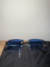 Cartier Rimless Rectangle Sunglasses Gold Metal Frame Blue Gradient Lenses