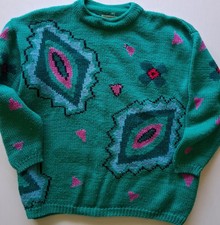 Esprit 1980 s Vintage Teal Geometric Print Wool Sweater L/XL