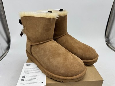 UGG Mini Bailey Bow II Boots Womens Chestnut Suede Pull-On Round Toe Comfort - 7