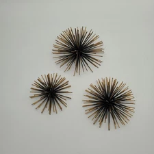 Set of 3 Mid Century Spike Black and Gold Tone Wall Hanging Orbs