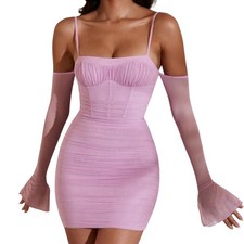 Oh Polly Pink Square Neck Ruched Mesh Zip Mini Bodycon Dress Size 6 5934