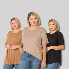 1X 2X 3X Front Pocket Round Neck Short Sleeve Buttery Soft Modal Top T Shirt