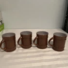 VTG. ANCHOR HOCKING FIRE KING SET OF 4 BROWN BARREL MUGS OVEN-PROOF PREOWNED
