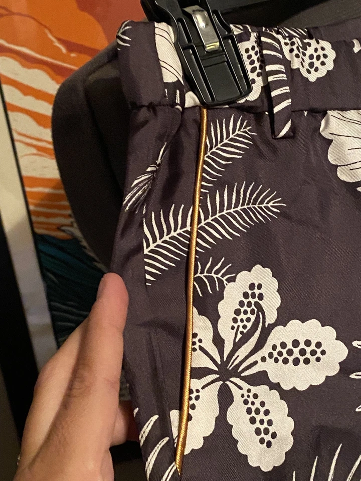 Pantalón J Crew Mujer Talla 0 Negro Blanco Dorado Floral Seda Pierna Recta Resort Playa Foto 4 de 4