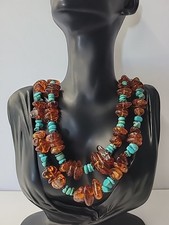 Boho Southwestern Necklace Brown Style Blue Chip Double Strand Statement Beaded