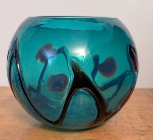 Modern Glass Round Bowl Vase Globe Teal/Aqua with abstract black & red pattern - Picture 3 of 10