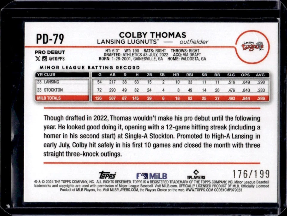 2024 Topps Pro Debut Colby Thomas Fuchsia Foil #176/199 - Image 2 of 2