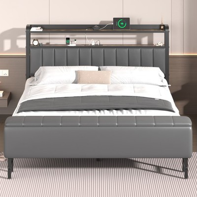 Upholstered Bed Frame with Starry Sky Lighting,Charging, Station, Storage Ottoma