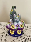 Fenton GLASS  Beautiful Sunflowers Design  4" Tabby CAT TRINKET. Rachelle   OOAK